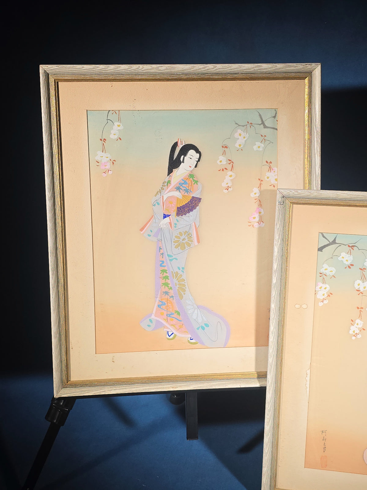Pair of Vintage Japanese Paintings on Silk, Bijin Figures with Cherry Blossoms, Signed