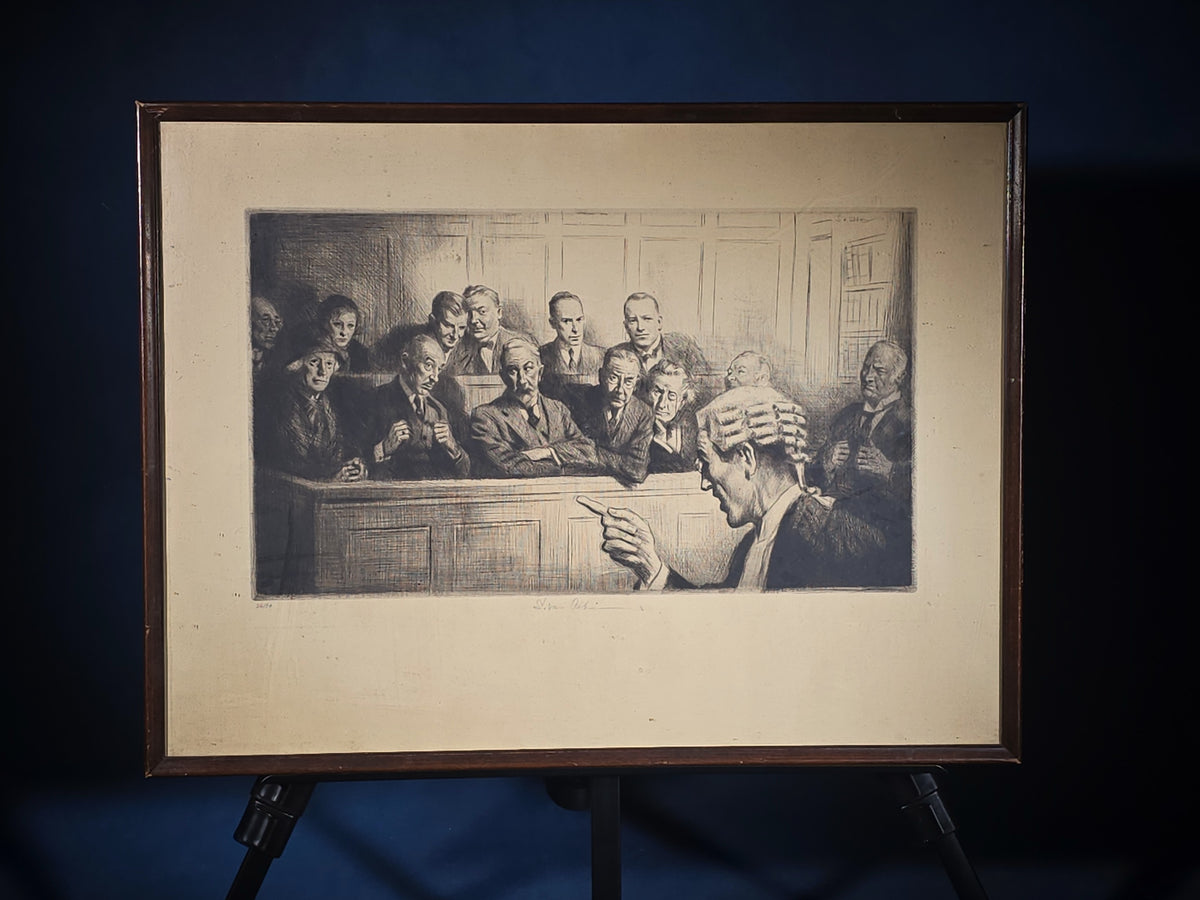 Vintage Framed Etching Print of a Courtroom Jury Scene, Signed S. van Abbe, Numbered 38/60