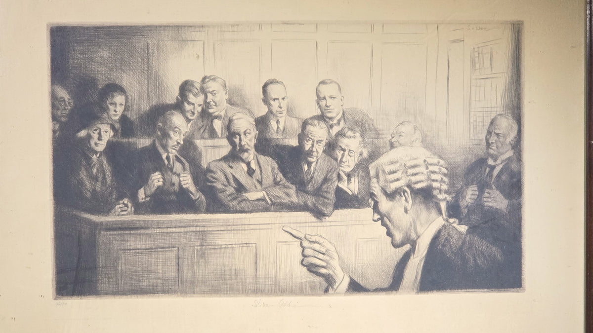 Vintage Framed Etching Print of a Courtroom Jury Scene, Signed S. van Abbe, Numbered 38/60