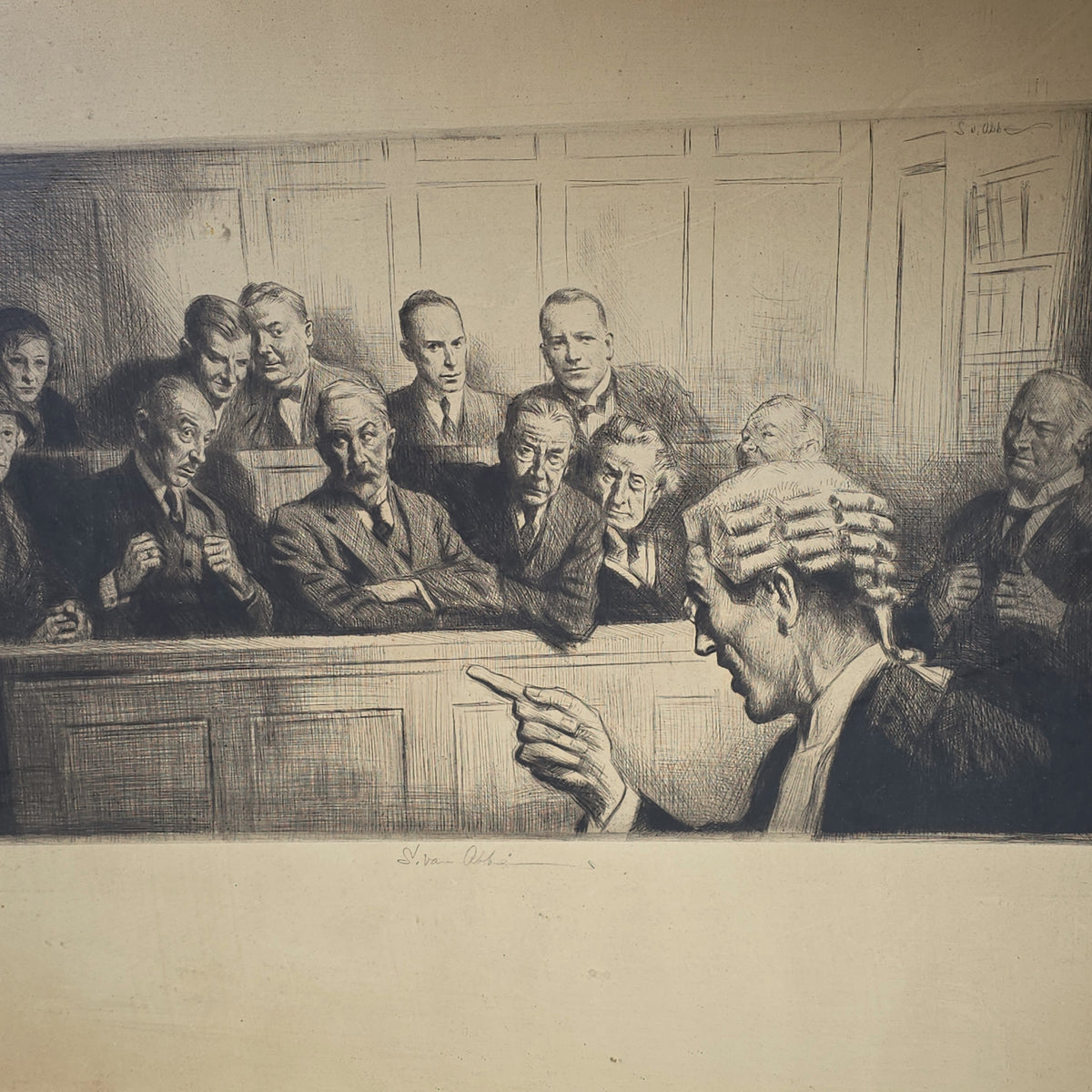 Vintage Framed Etching Print of a Courtroom Jury Scene, Signed S. van Abbe, Numbered 38/60