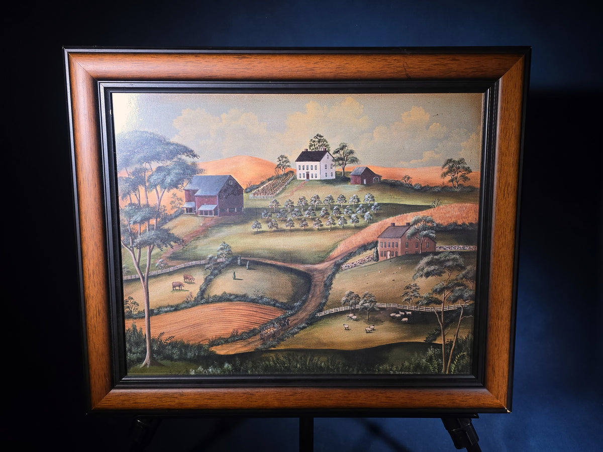 Modern Framed Folk Art Style Rural Landscape Print, Signed B. Jeffords