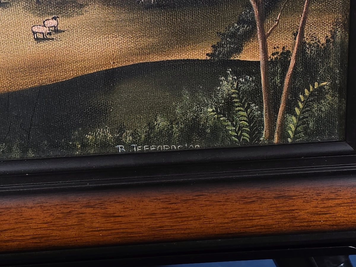 Modern Framed Folk Art Style Rural Landscape Print, Signed B. Jeffords