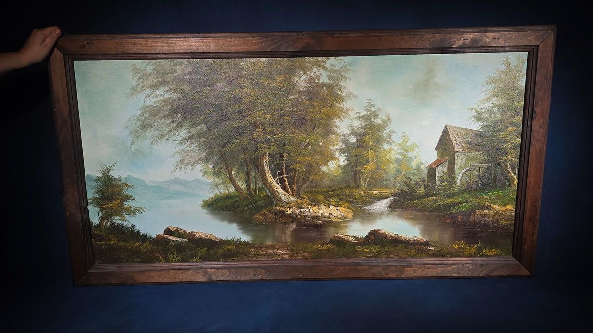 Vintage Oil Painting on Canvas, River Landscape with Water Mill, Signed W. Kennedy