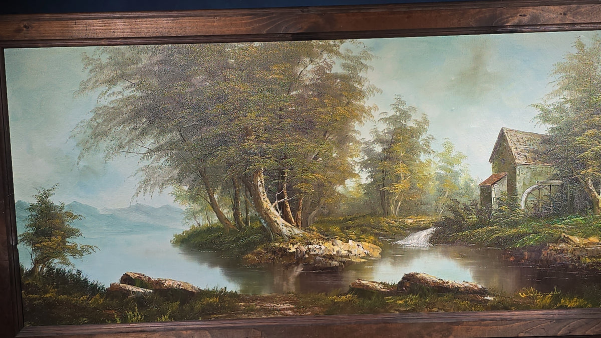 Vintage Oil Painting on Canvas, River Landscape with Water Mill, Signed W. Kennedy