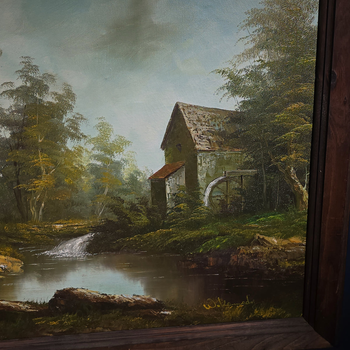 Vintage Oil Painting on Canvas, River Landscape with Water Mill, Signed W. Kennedy