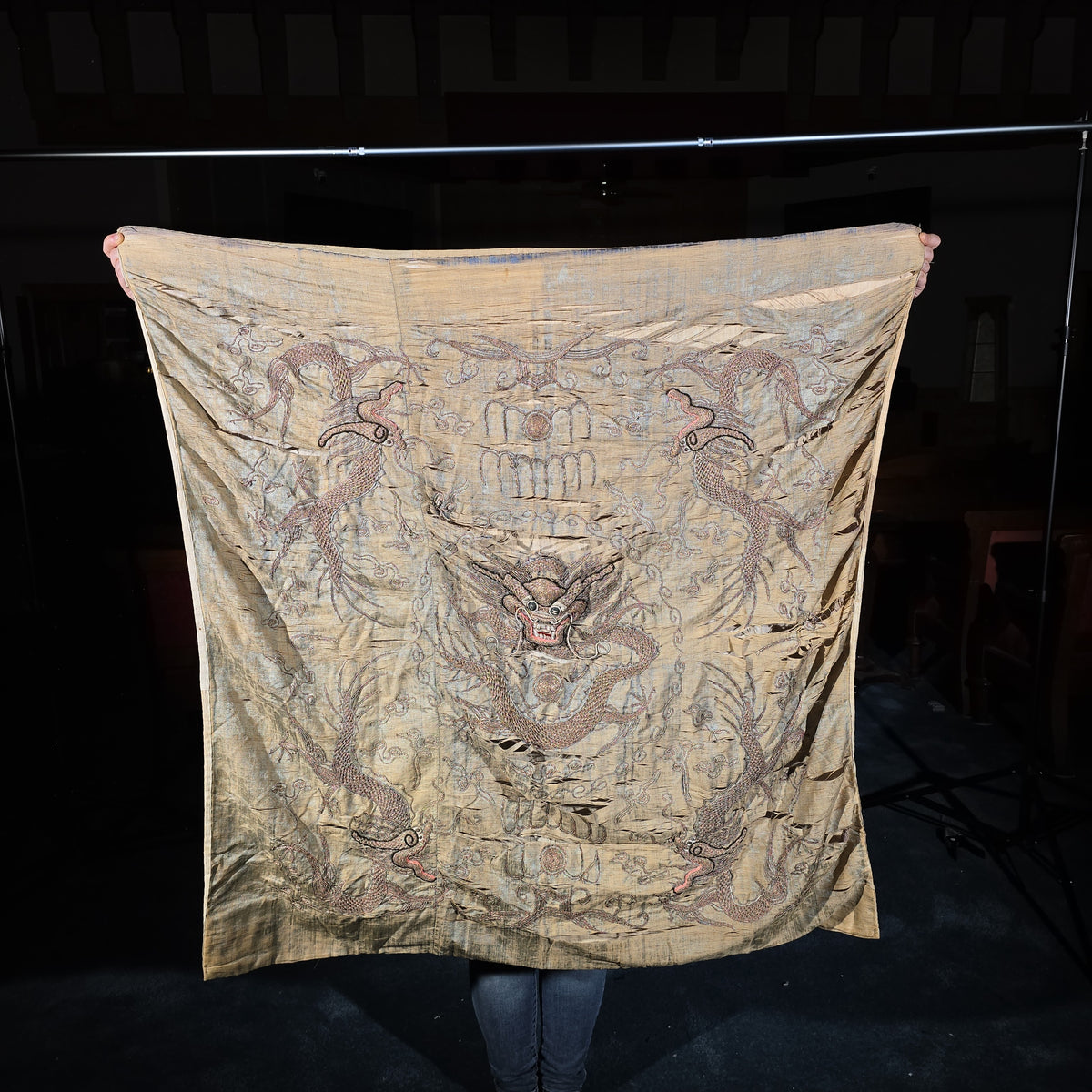 Antique Chinese Embroidered Silk Dragon Textile