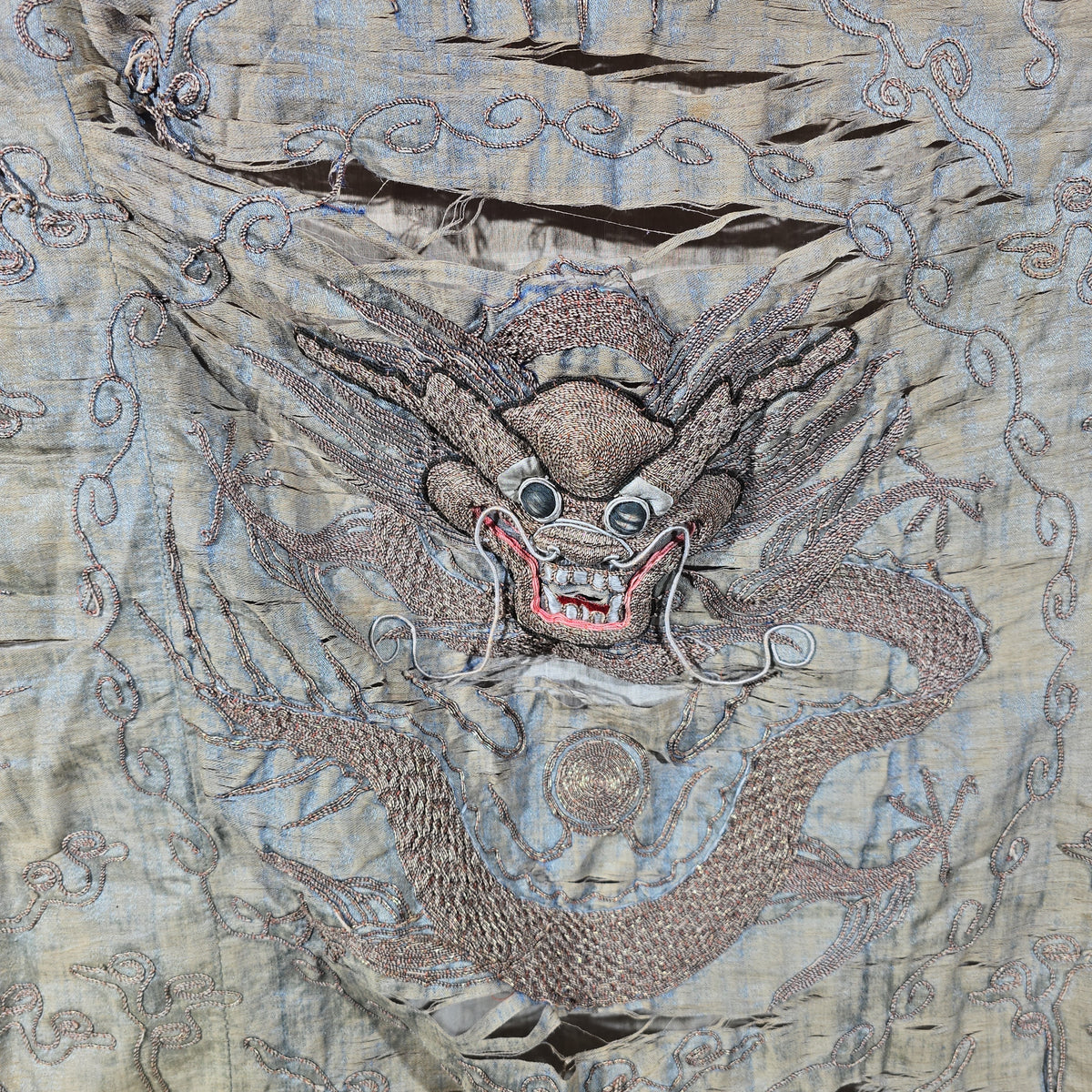 Antique Chinese Embroidered Silk Dragon Textile