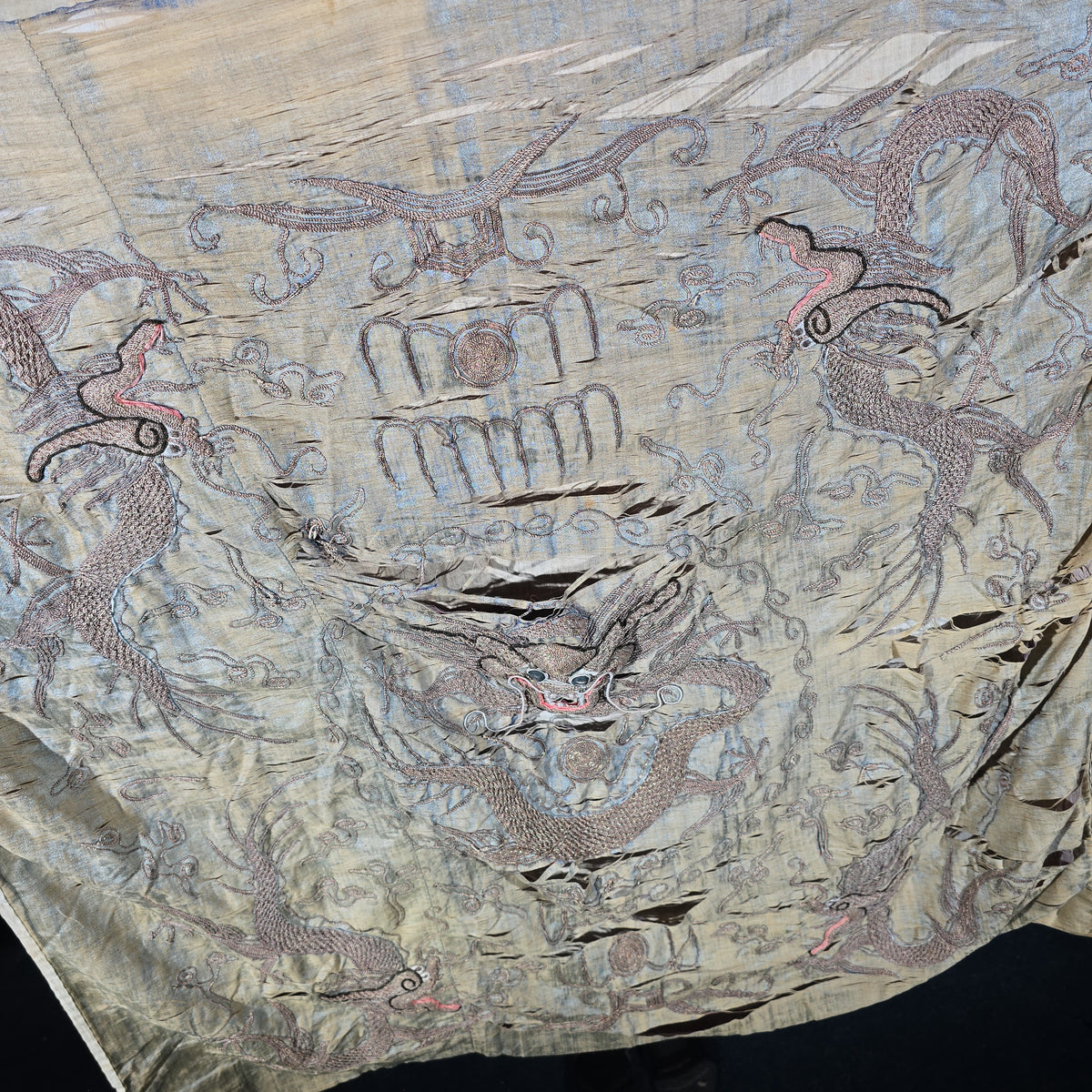 Antique Chinese Embroidered Silk Dragon Textile
