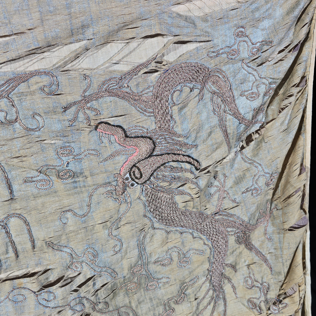 Antique Chinese Embroidered Silk Dragon Textile