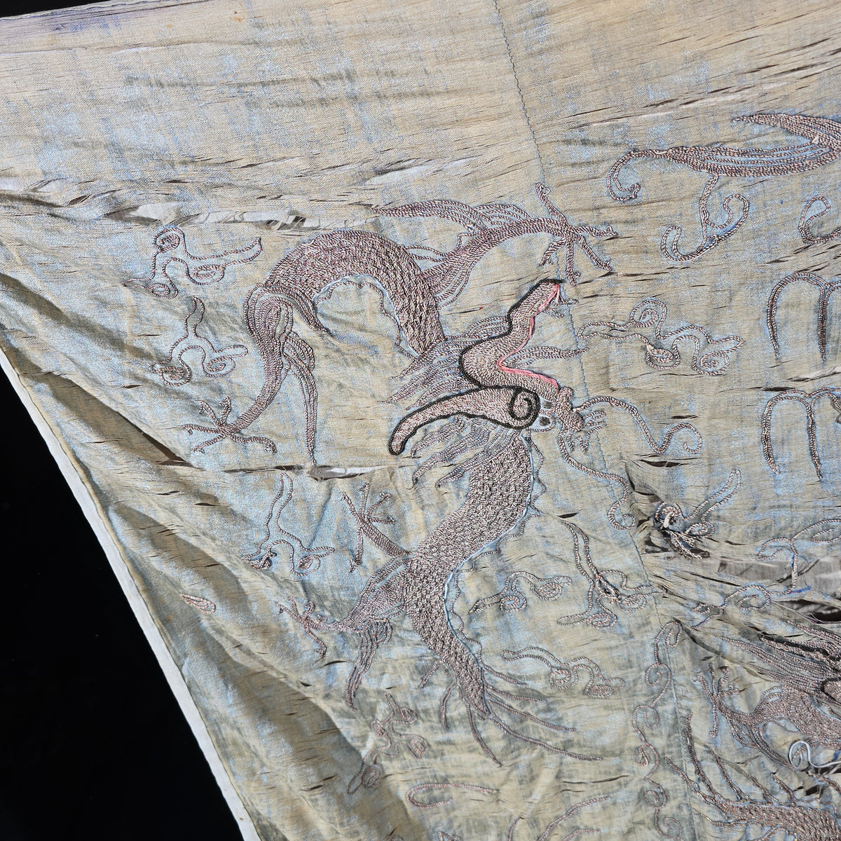 Antique Chinese Embroidered Silk Dragon Textile