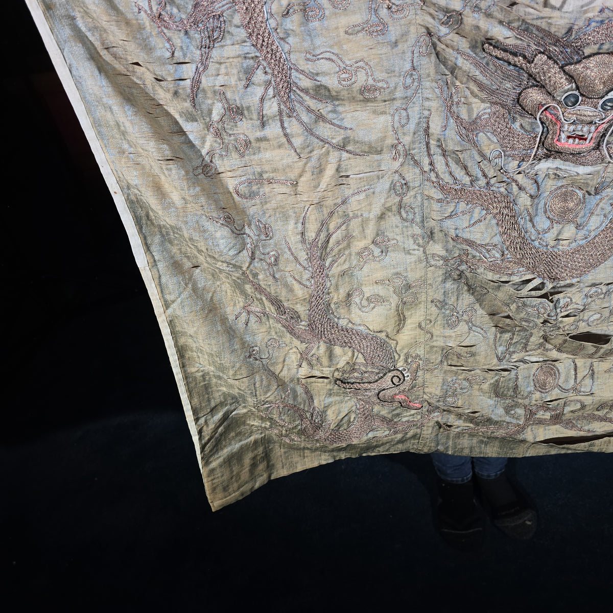 Antique Chinese Embroidered Silk Dragon Textile