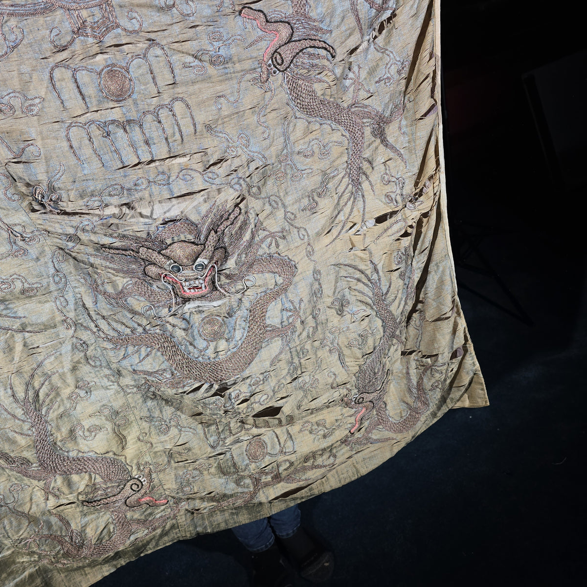 Antique Chinese Embroidered Silk Dragon Textile