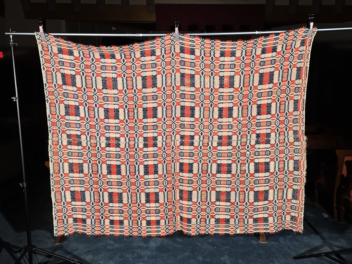 Vintage Red, Navy, and Cream Woven Wool Coverlet