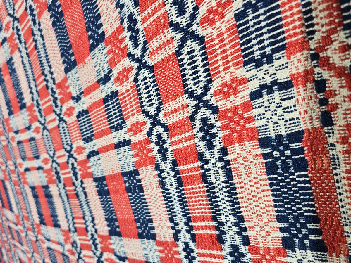 Vintage Red, Navy, and Cream Woven Wool Coverlet