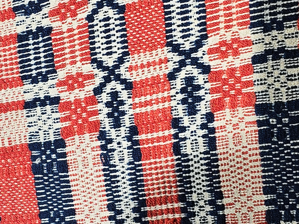 Vintage Red, Navy, and Cream Woven Wool Coverlet