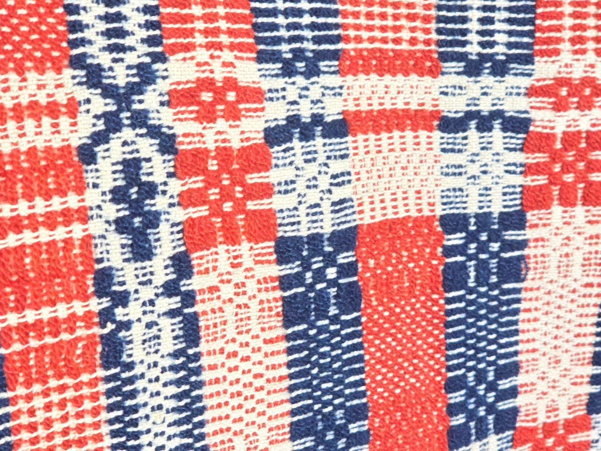 Vintage Red, Navy, and Cream Woven Wool Coverlet
