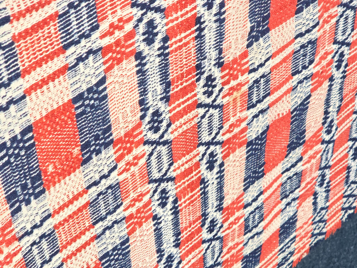 Vintage Red, Navy, and Cream Woven Wool Coverlet