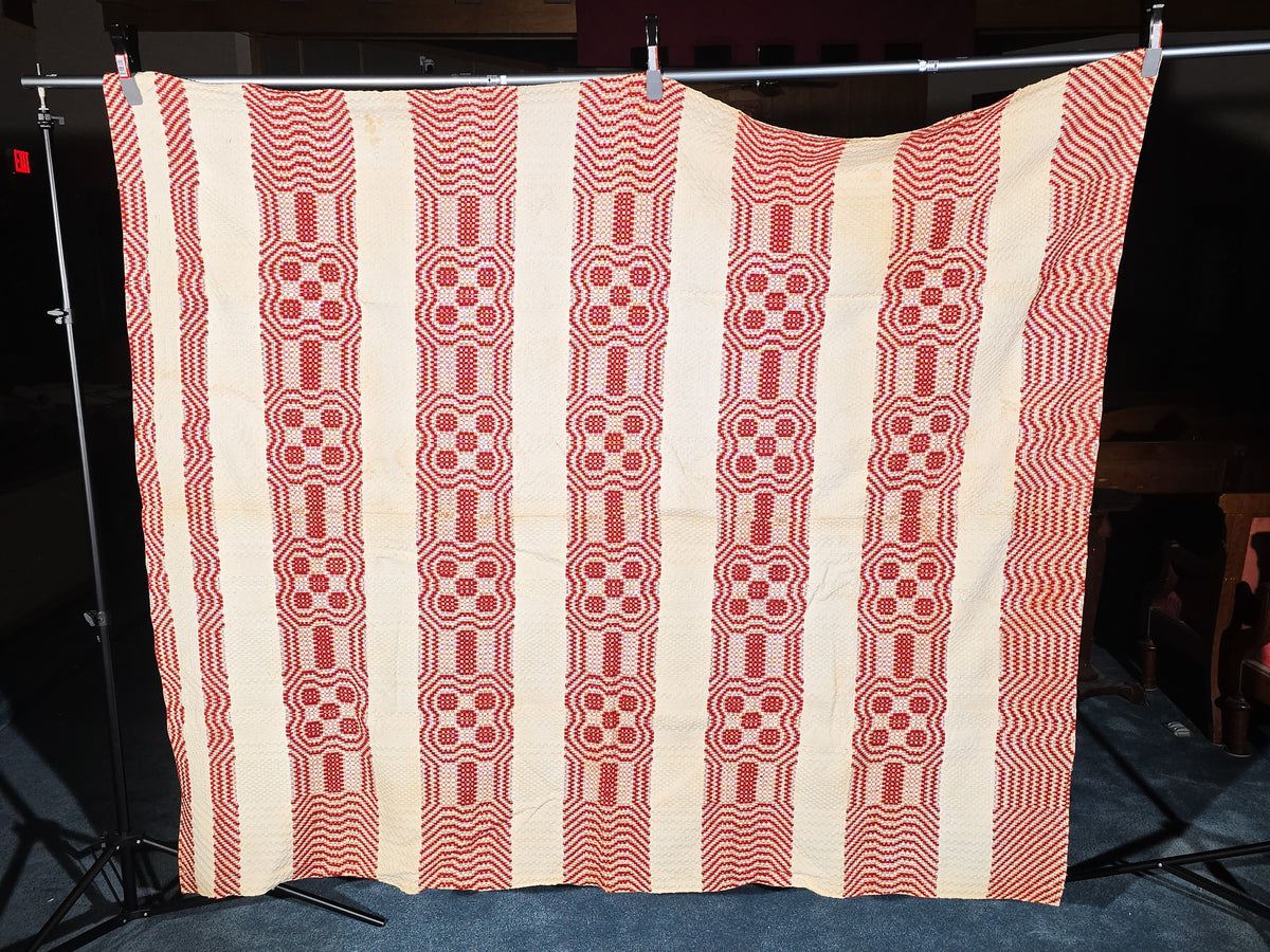 Vintage Red and White Woven Wool Coverlet