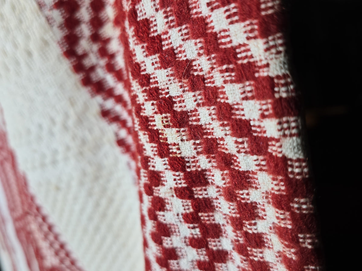 Vintage Red and White Woven Wool Coverlet