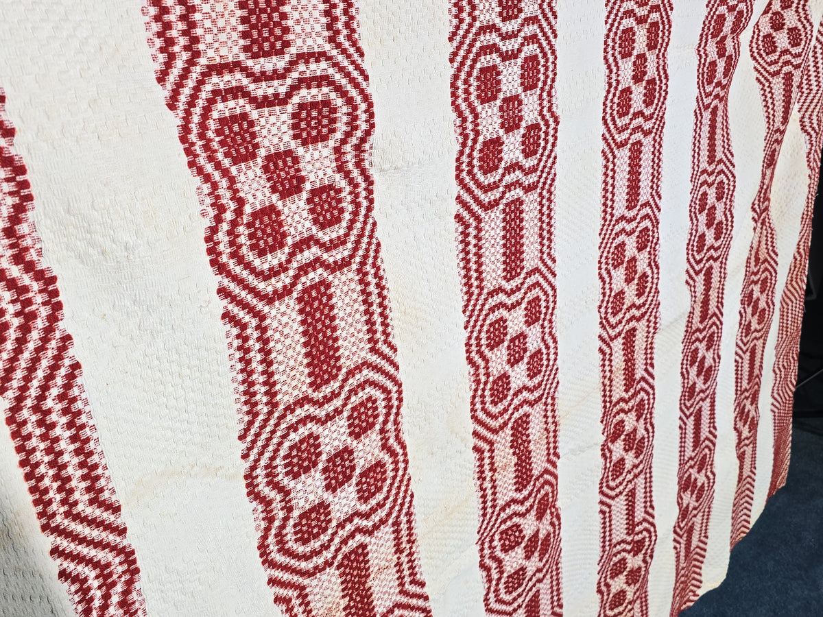 Vintage Red and White Woven Wool Coverlet