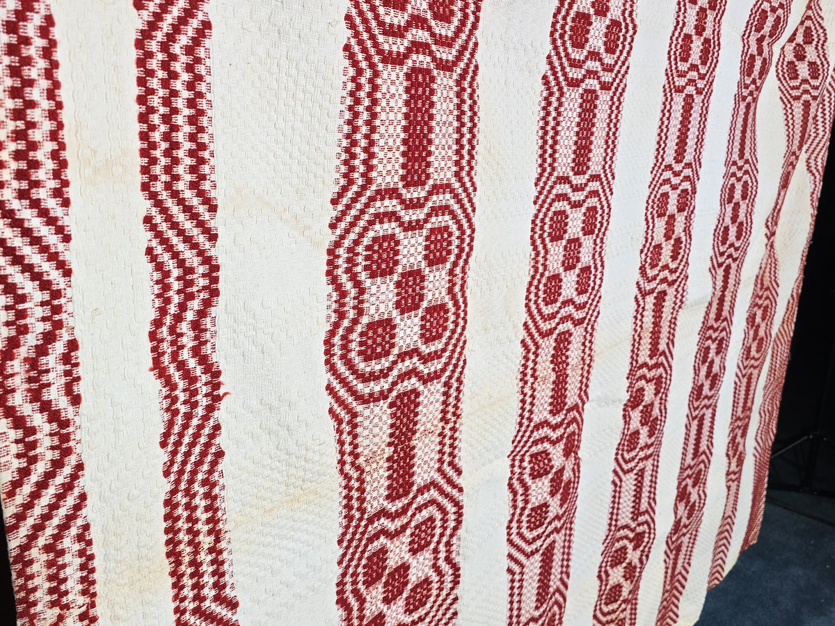 Vintage Red and White Woven Wool Coverlet