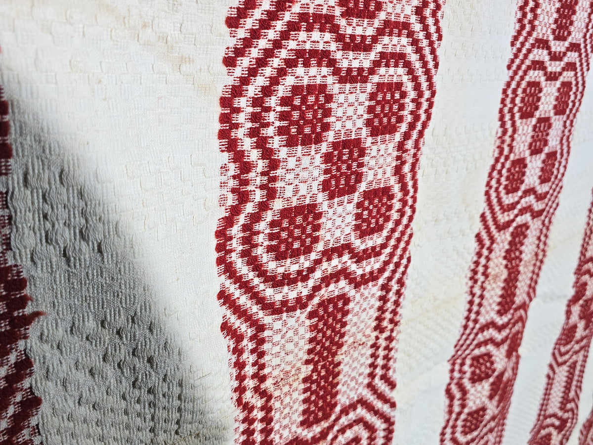 Vintage Red and White Woven Wool Coverlet