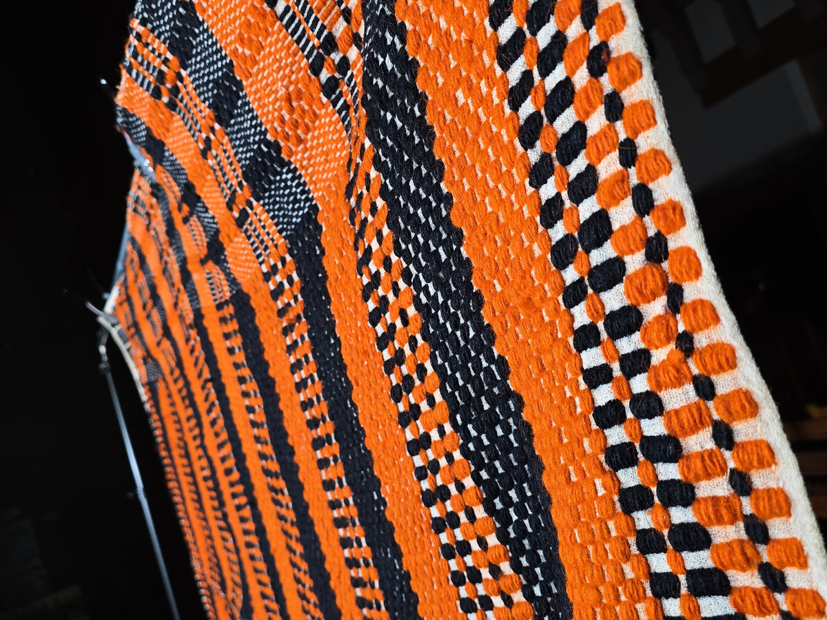 Vintage Orange and Black Woven Wool Coverlet