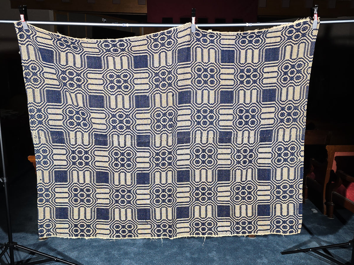 Vintage Blue and White Woven Wool Coverlet