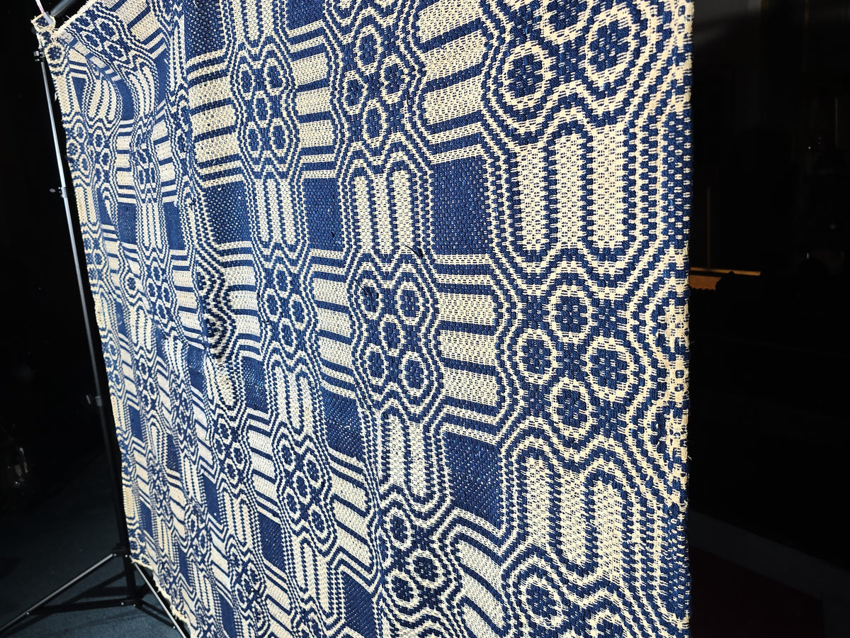 Vintage Blue and White Woven Wool Coverlet