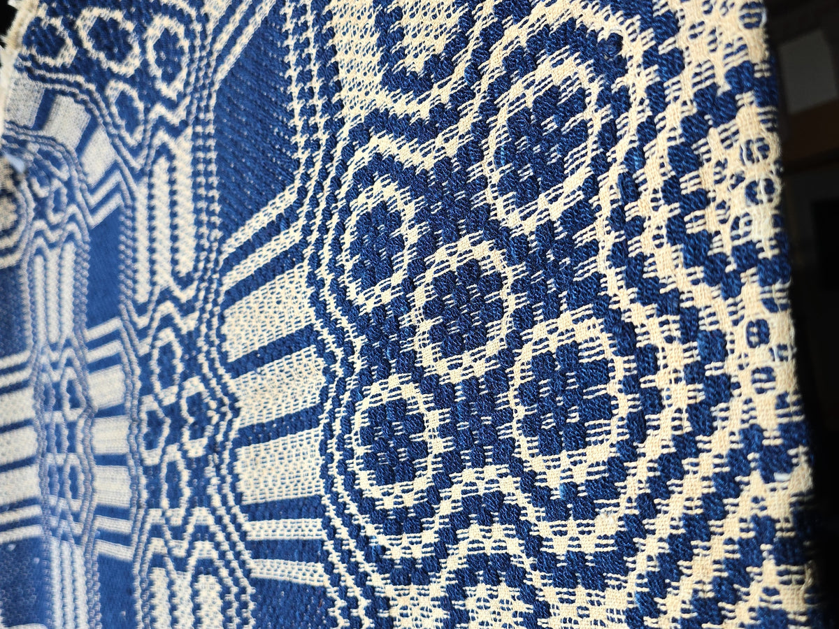 Vintage Blue and White Woven Wool Coverlet