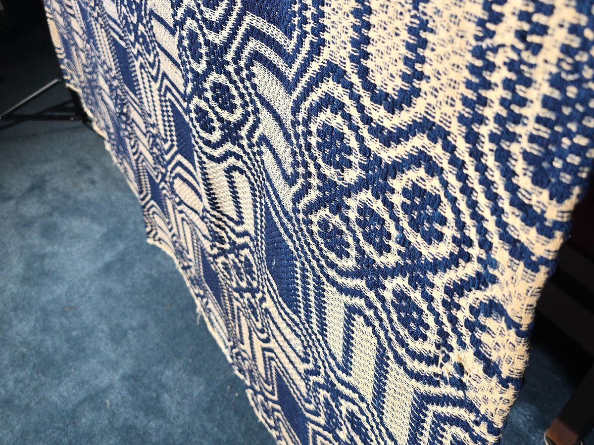 Vintage Blue and White Woven Wool Coverlet