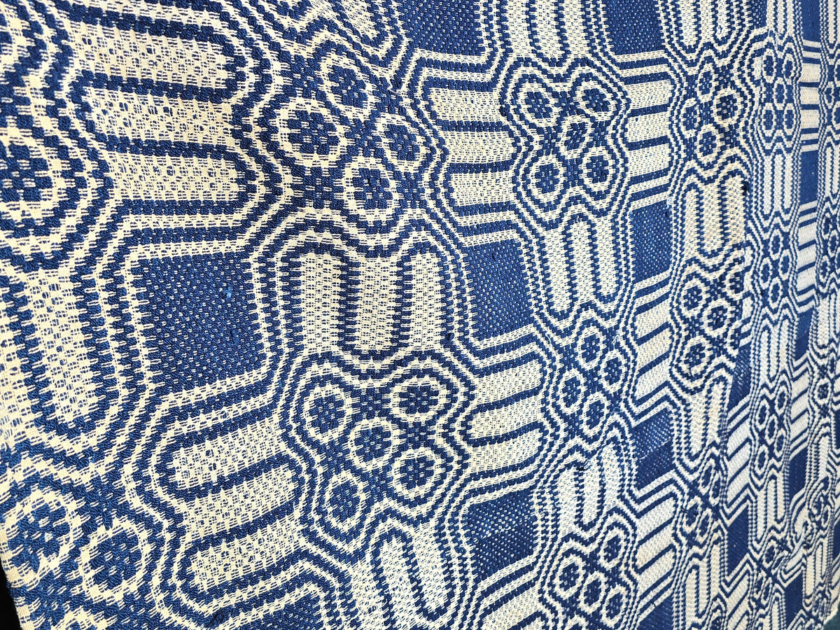 Vintage Blue and White Woven Wool Coverlet