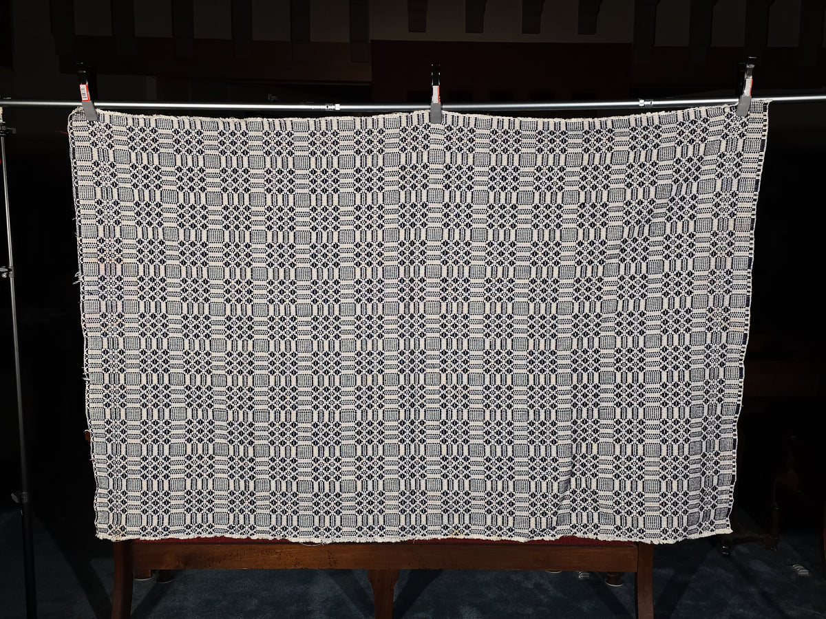 Vintage Navy and Cream Woven Wool Coverlet with Fringe