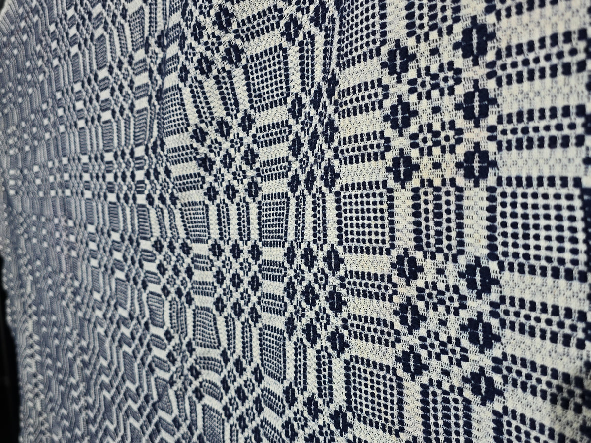 Vintage Navy and Cream Woven Wool Coverlet with Fringe
