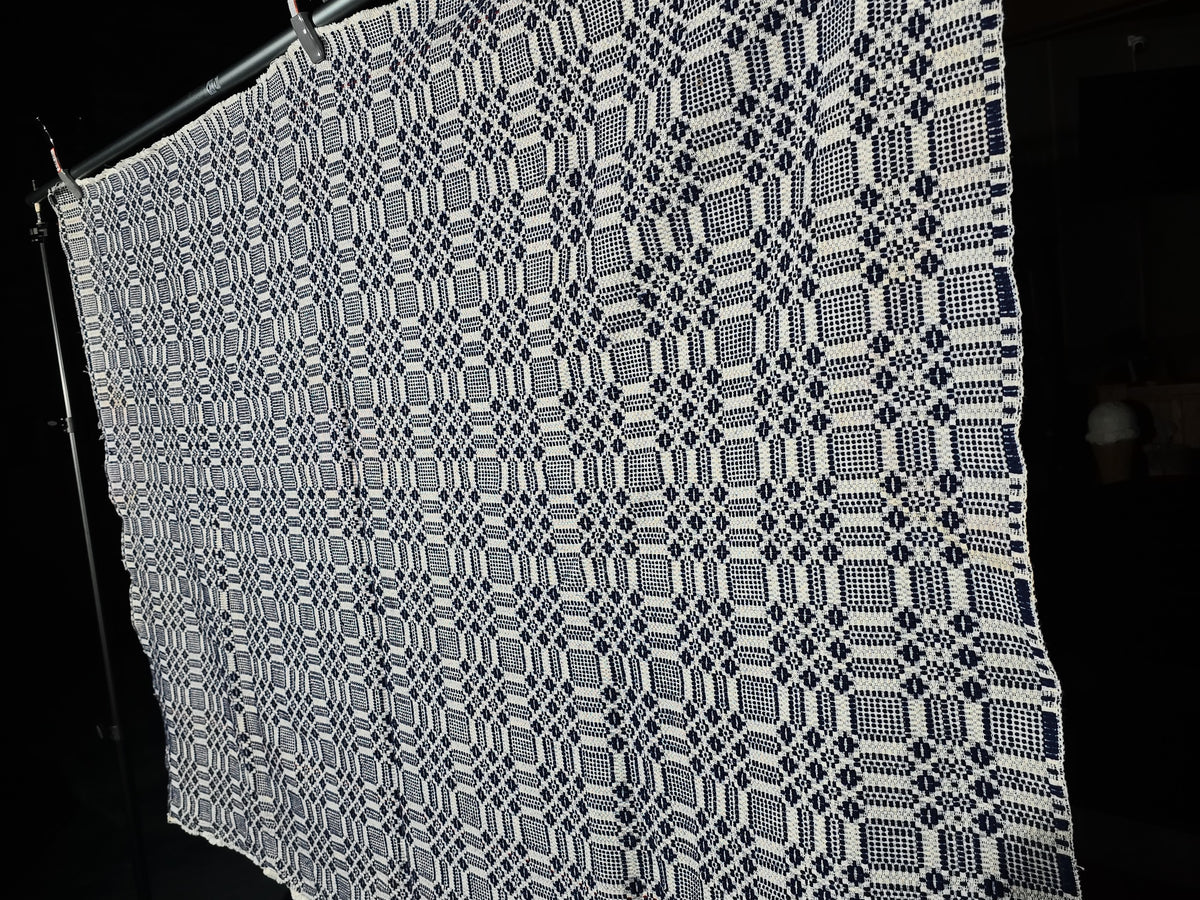 Vintage Navy and Cream Woven Wool Coverlet with Fringe