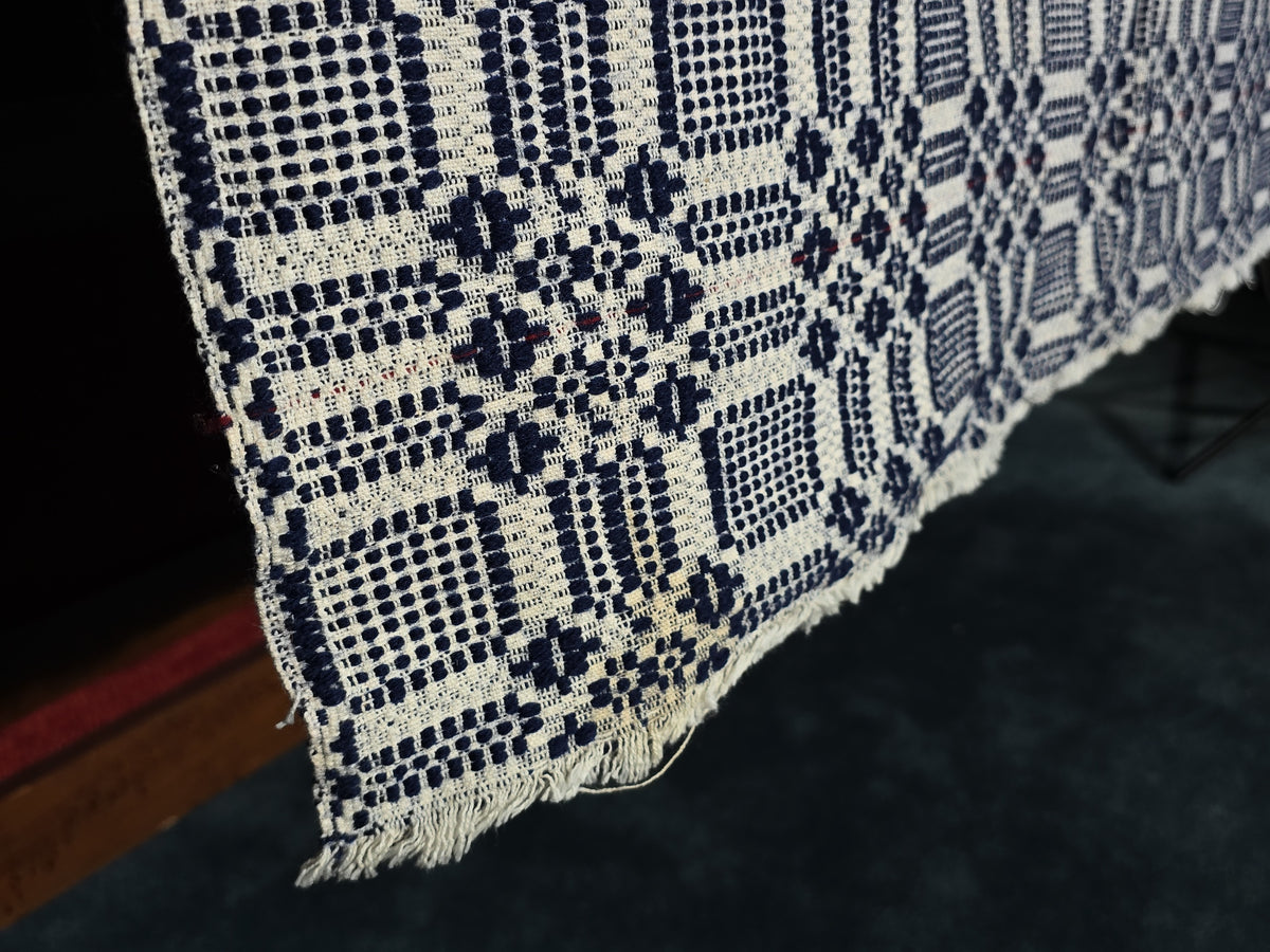 Vintage Navy and Cream Woven Wool Coverlet with Fringe