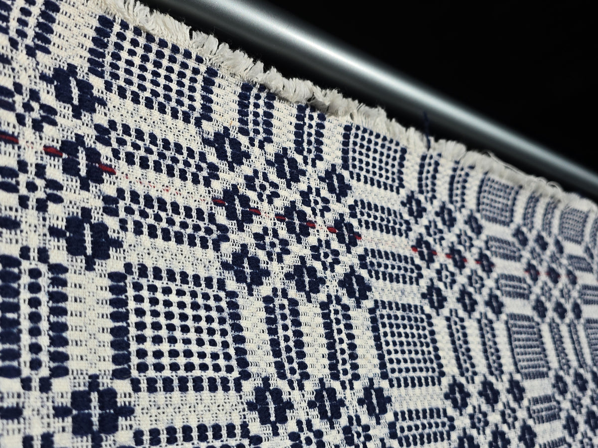Vintage Navy and Cream Woven Wool Coverlet with Fringe