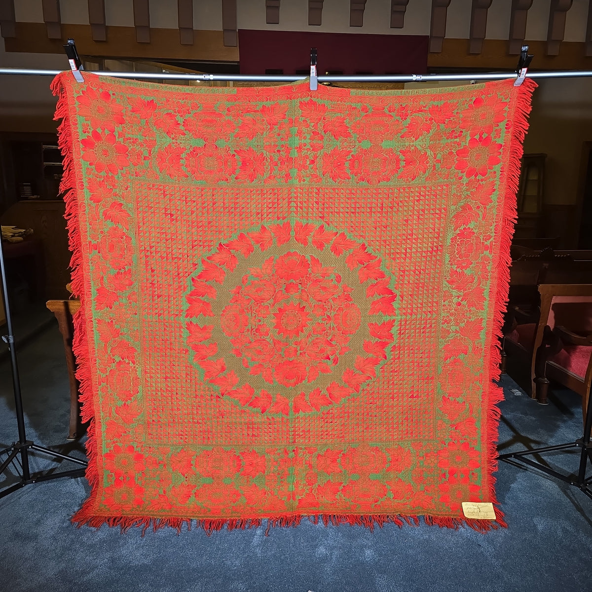 Vintage Red and Green Woven Wool Coverlet with Fringe, Made by Philip Schum, Lancaster, Pennsylvania, 1938