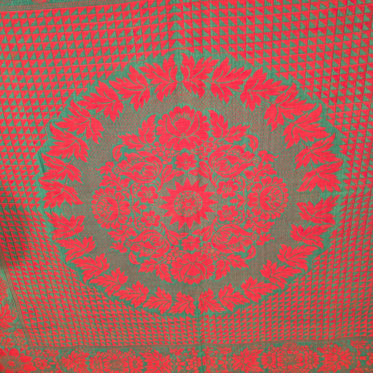 Vintage Red and Green Woven Wool Coverlet with Fringe, Made by Philip Schum, Lancaster, Pennsylvania, 1938