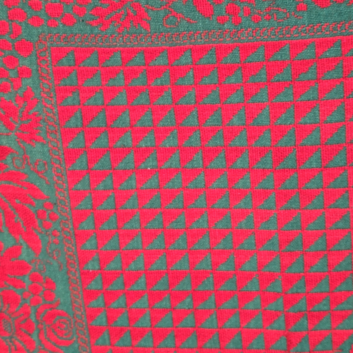 Vintage Red and Green Woven Wool Coverlet with Fringe, Made by Philip Schum, Lancaster, Pennsylvania, 1938