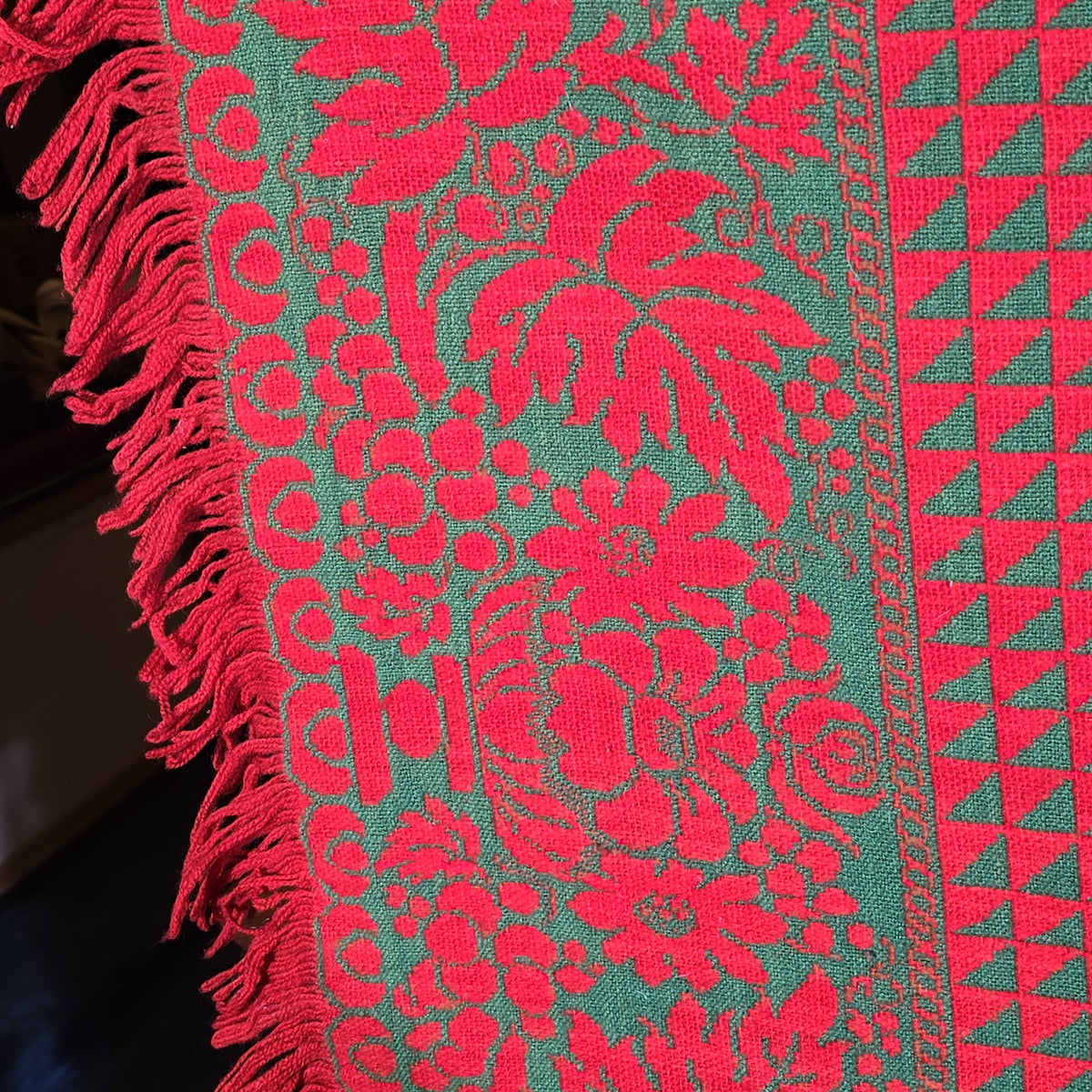 Vintage Red and Green Woven Wool Coverlet with Fringe, Made by Philip Schum, Lancaster, Pennsylvania, 1938