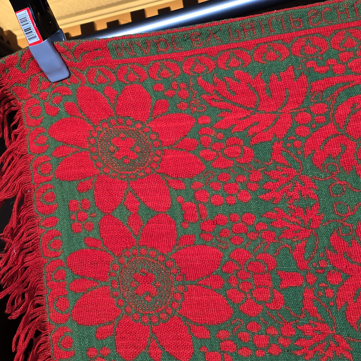 Vintage Red and Green Woven Wool Coverlet with Fringe, Made by Philip Schum, Lancaster, Pennsylvania, 1938