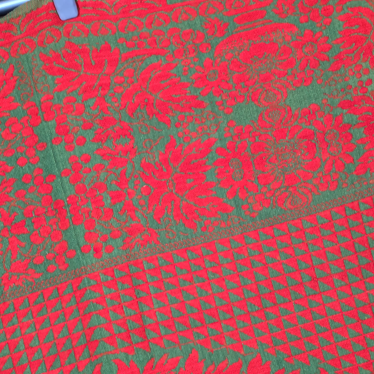 Vintage Red and Green Woven Wool Coverlet with Fringe, Made by Philip Schum, Lancaster, Pennsylvania, 1938