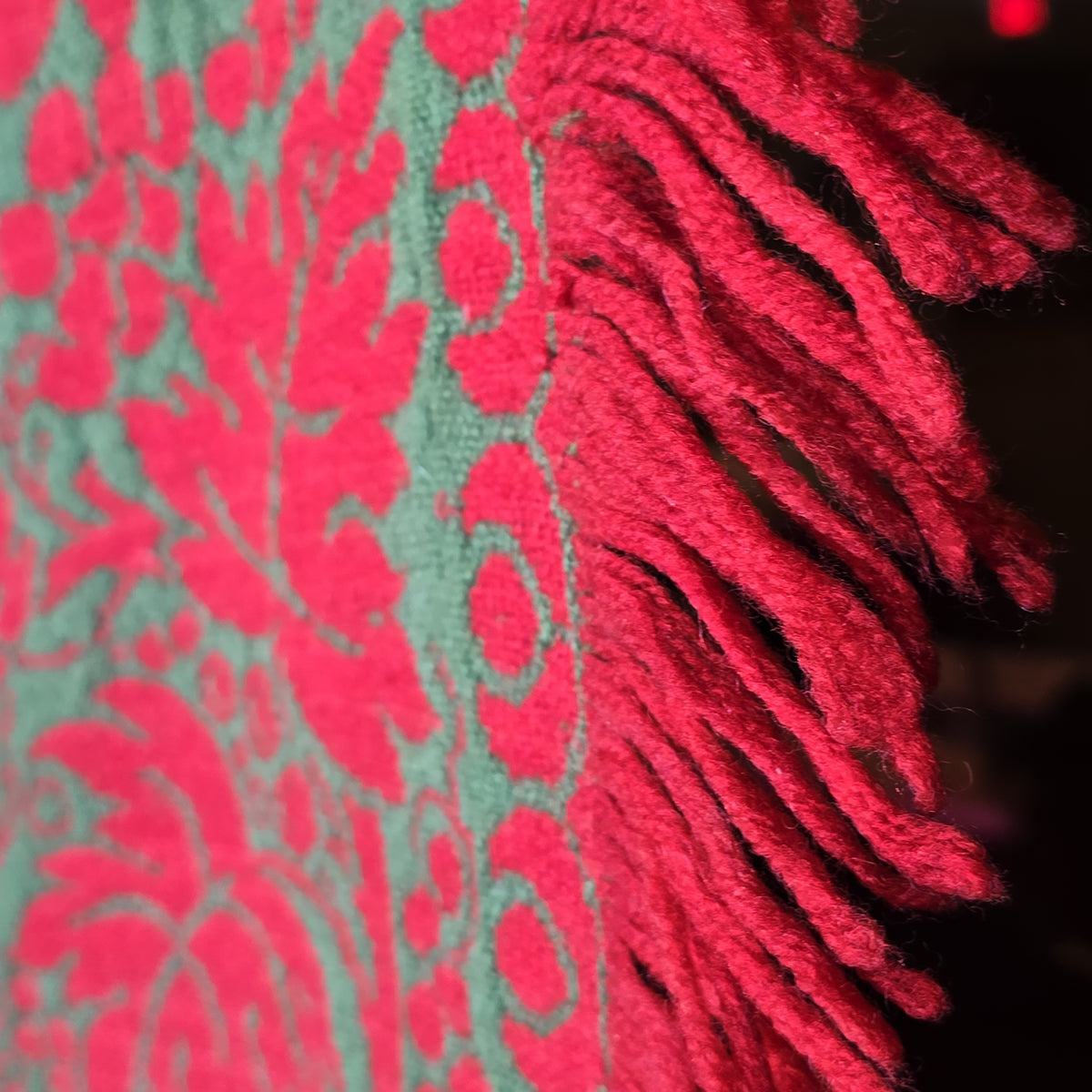 Vintage Red and Green Woven Wool Coverlet with Fringe, Made by Philip Schum, Lancaster, Pennsylvania, 1938