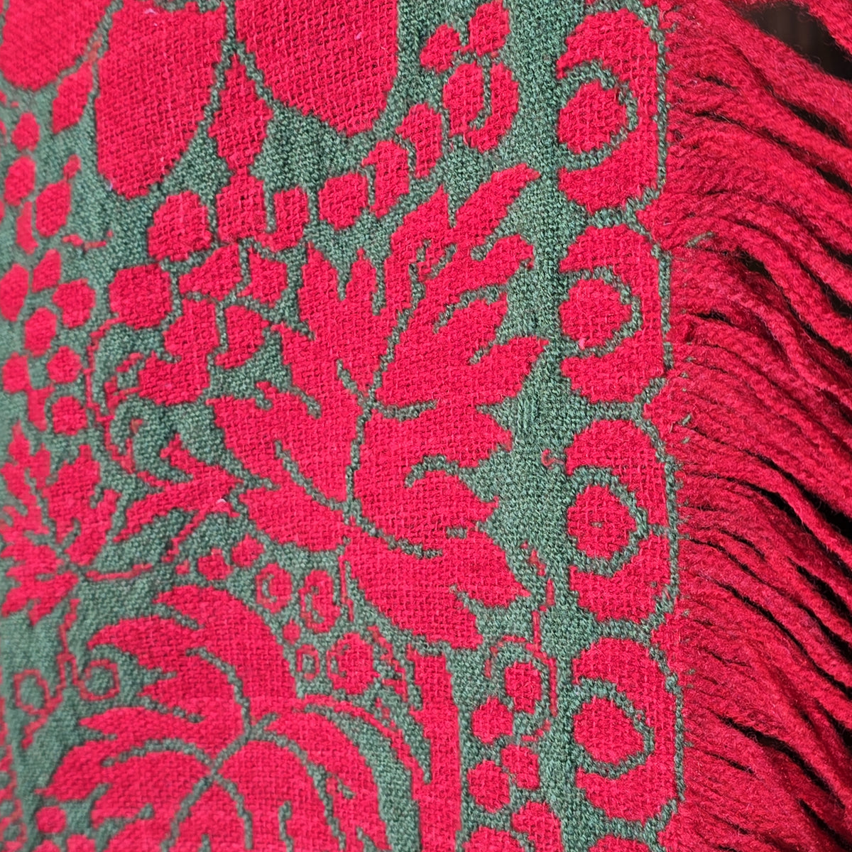 Vintage Red and Green Woven Wool Coverlet with Fringe, Made by Philip Schum, Lancaster, Pennsylvania, 1938