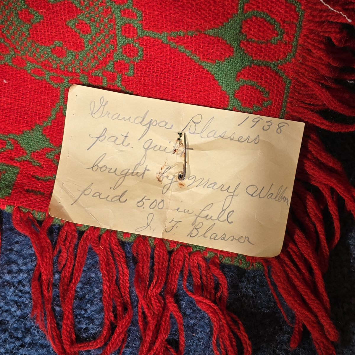 Vintage Red and Green Woven Wool Coverlet with Fringe, Made by Philip Schum, Lancaster, Pennsylvania, 1938