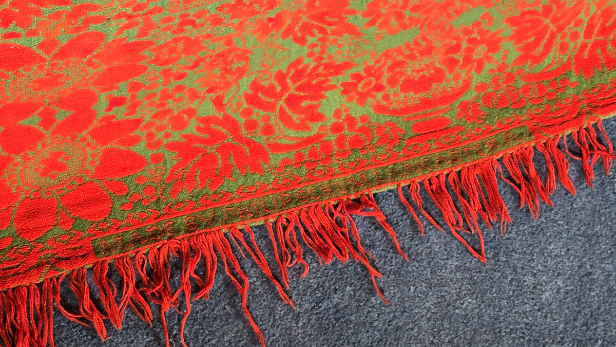 Vintage Red and Green Woven Wool Coverlet with Fringe, Made by Philip Schum, Lancaster, Pennsylvania, 1938