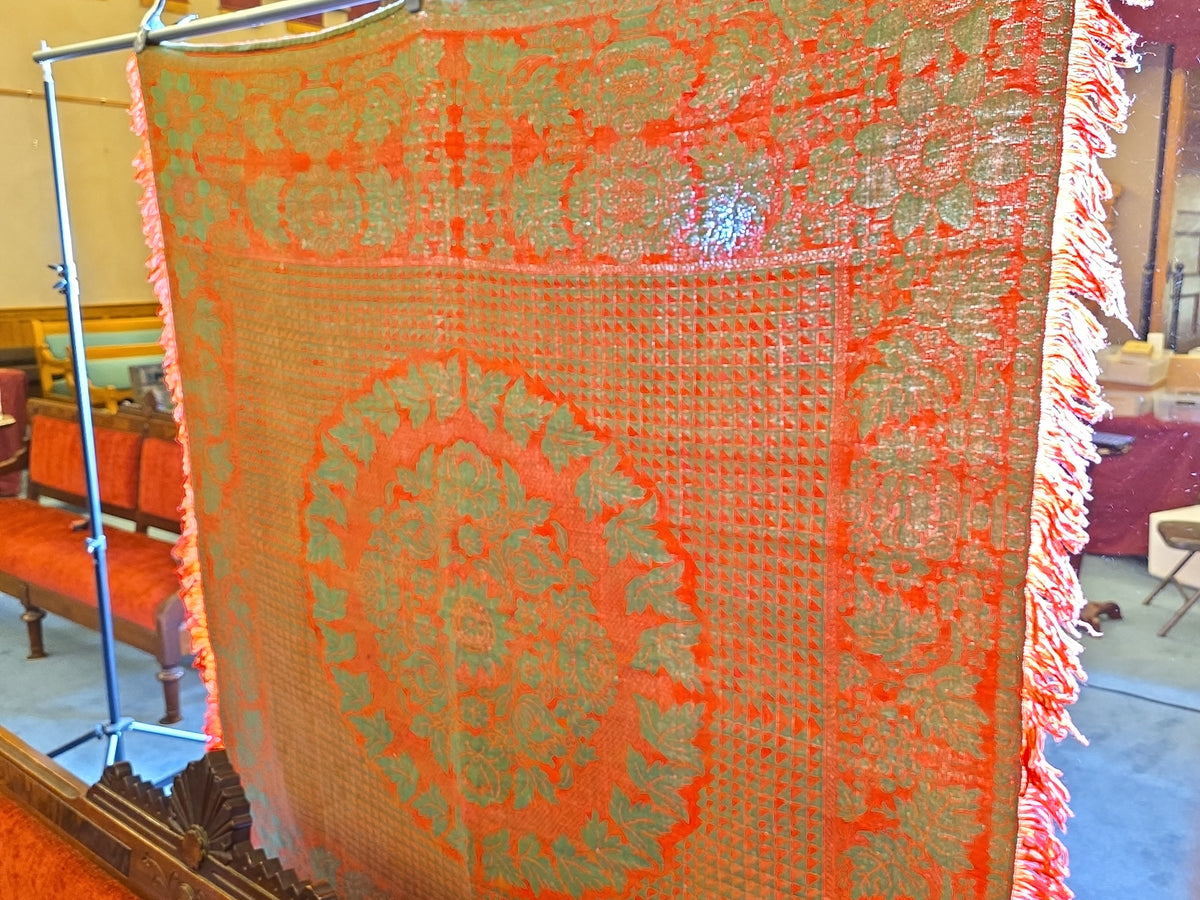 Vintage Red and Green Woven Wool Coverlet with Fringe, Made by Philip Schum, Lancaster, Pennsylvania, 1938