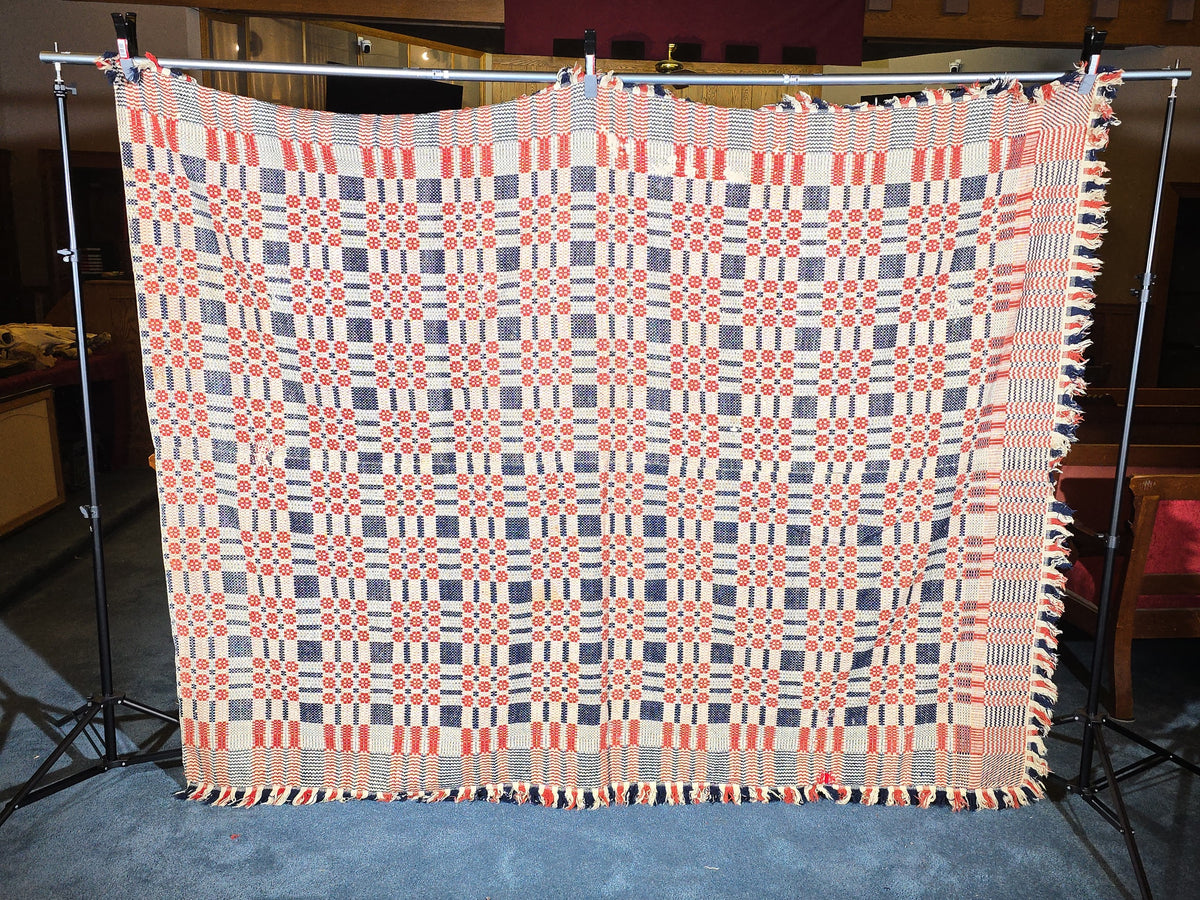 Vintage Red, Blue, and Cream Woven Wool Coverlet with Fringe