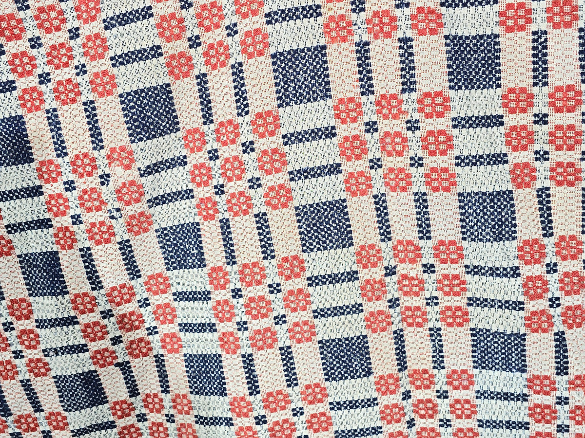 Vintage Red, Blue, and Cream Woven Wool Coverlet with Fringe
